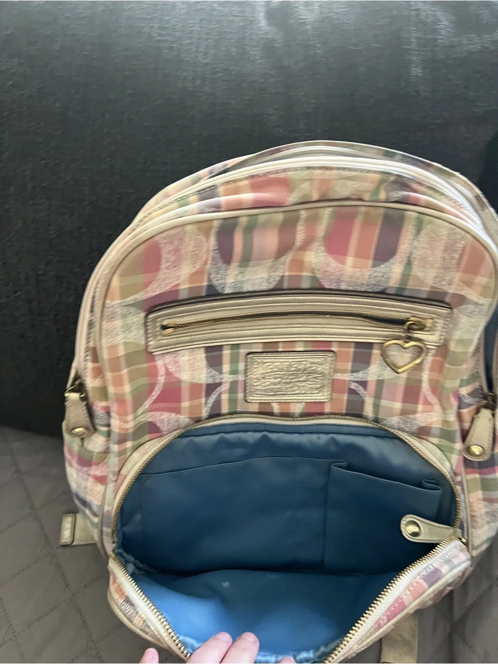 Coach Pink Green Plaid Signature Backpack with Wallet - Picture 5 of 11